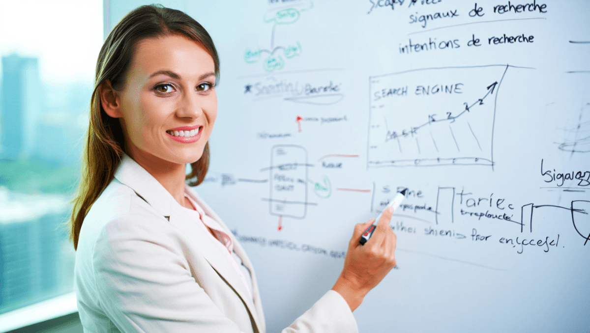 Marketers gather around a graph to discuss generative engine optimization statistics