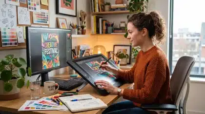 Bureau lumineux avec ordinateur, fiches de style et carnet pour kit médias sociaux