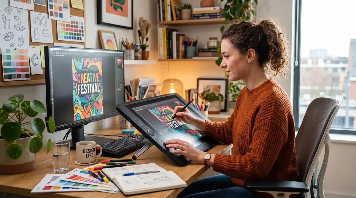 Bureau lumineux avec ordinateur, fiches de style et carnet pour kit médias sociaux
